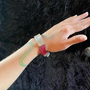 Sterling Silver Red Genuine Leather Thick Cuff Bracelet Artisan Industrial Edgy
